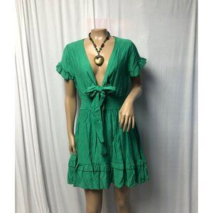 Infashule Dress Womens Medium Green Deep V Sexy Short Sleeve Tie Ruffle Lined